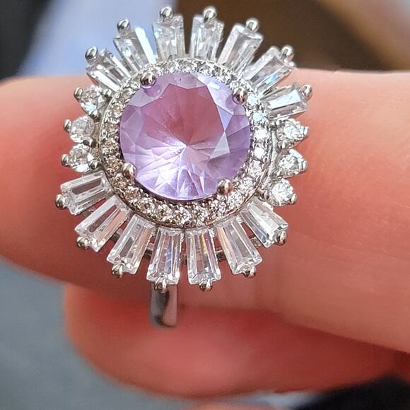 Rhodium Plated Simulated Pink Amethyst Ring - Size 7.5 - Radiant Sunburst Design - Picture 3 of 6